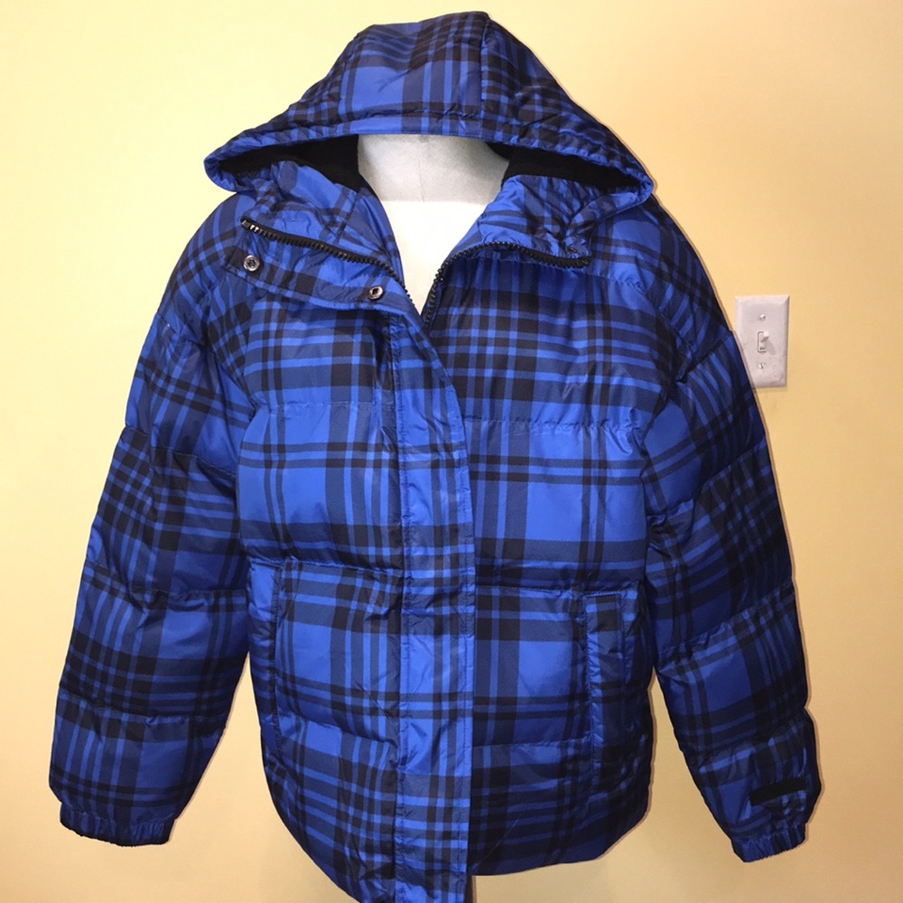 Womens Medium winter coat Juicy Couture Black Label M puffer jacket blue plaid